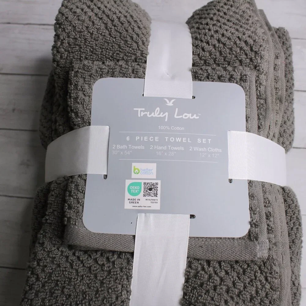Truly Lou Bath Towel Set 100% Cotton Gray Hand Towels Washcloth 6 Piece